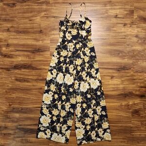 Xhilaration Navy/Yellow Floral Slit Leg Jumpsuit Size Small